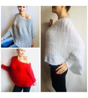 White Angora Sweater, Mohair Sweater, Loose Knit Sweater Poncho Woman, Oversized Sexy Wool Sweater Off Shoulder Faux Fur, Crochet Poncho