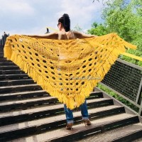 Mustard 50 COLORS Crochet Granny Shawl Large Mohair Triangle Big Size Shawl Fringe Long Handknit Woman Bohemian Festi Hand Knit Wrap