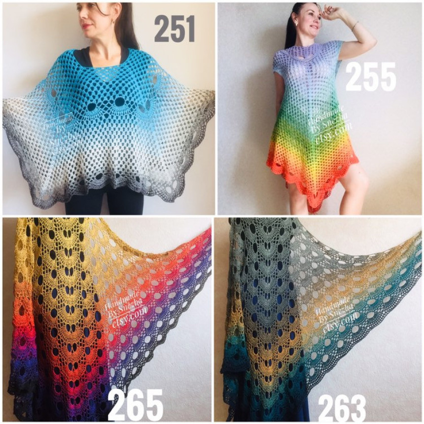 Poncho Women Crochet Shawl Big Size Boho Vintage Rainbow Cotton