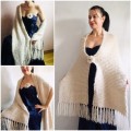 Wedding shawl Ivory bridesmaid faux fur Winter bridal knit wrap, Hand knit Long warm scarf, Beige Navy Blue Fuzzy rustic shawl