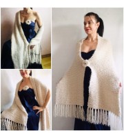 Wedding shawl Ivory bridesmaid faux fur Winter bridal knit wrap, Hand knit Long warm scarf, Beige Navy Blue Fuzzy rustic shawl