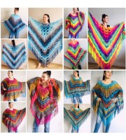 Rainbow Crochet Shawl Fringe Wraps OOAK Boho Lace Triangle Warm Shawl Mom Scarf Women Floral Hand Knit Shawl Large Big Crocheted