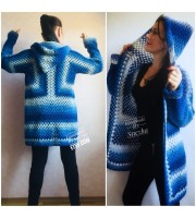 Blue White granny square jacket hood sweater Long sleeve knit Rainbow gradient cardigan woman Crochet Open plus size hippie wool boho coat