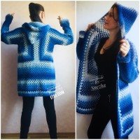 Blue White granny square jacket hood sweater Long sleeve knit Rainbow gradient cardigan woman Crochet Open plus size hippie wool boho coat