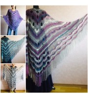 Crochet Shawl Poncho Women Fringe Mohair Big Size Maxi Triangle Shawl Gradient Blue Alpaca Long Hand knit Bohemian Festi Hand Knit Shawl