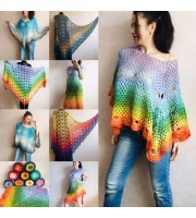 Crochet Poncho Women Rainbow Shawl Big Size Vintage Cotton Boho Maxi Dress Hippie Gift for Her Bohemian Vibrant Colors Boat Neck Poncho