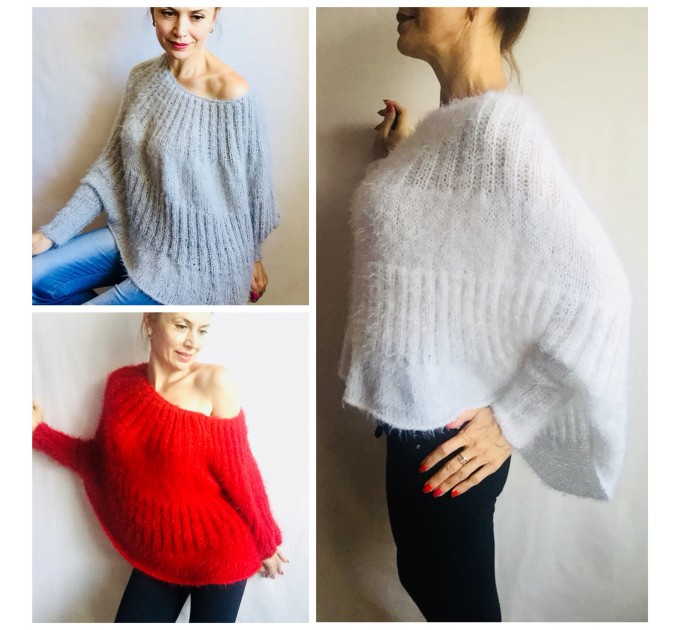 Red Fuzzy Black Mohair Sweater Women Plus Size off shoulder sexy white poncho