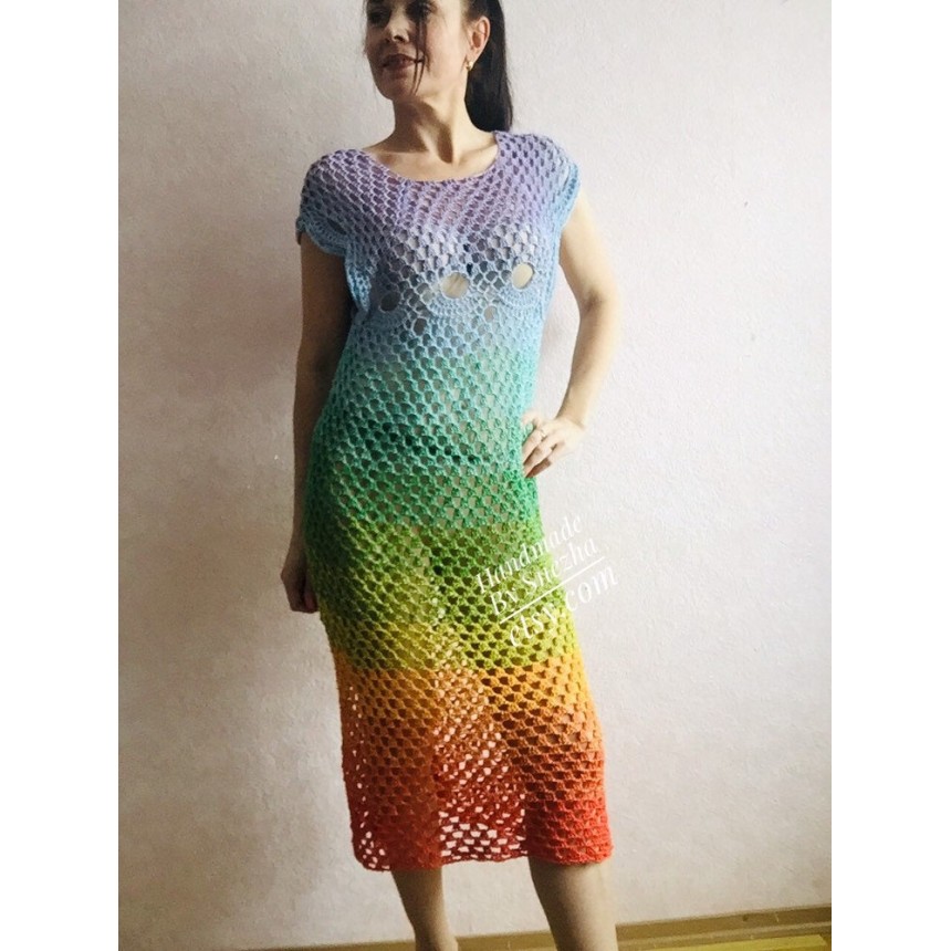 Poncho Women Crochet Shawl Big Size Boho Vintage Rainbow Cotton Knit Cape Hippie  Gift for Her