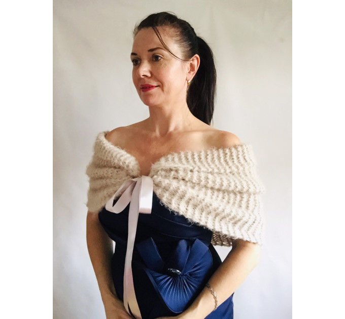 Winter Wedding shawl Bridal Bolero Shrug Ivory gift for her Beige knit wrap Red bridesmaid Cape White cover up Gray Fuzzy Capelet Royal Blue