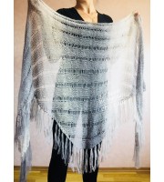 Hand Knit Shawl Triangle Wrap Fringe Alpaca White Big size Scarf Gradient Shawl Mohair Gray Handknit Woman Bohemian Shawl Black Granny