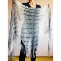 Hand Knit Shawl Triangle Wrap Fringe Alpaca White Big size Scarf Gradient Shawl Mohair Gray Handknit Woman Bohemian Shawl Black Granny