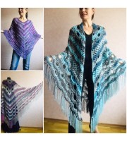 Shawl pin brooch Crochet Poncho Women Fringe large Boho Hand Knit white-purple Granny Square Mohair Big Size Maxi Triangle Shawl Blue Alpaca