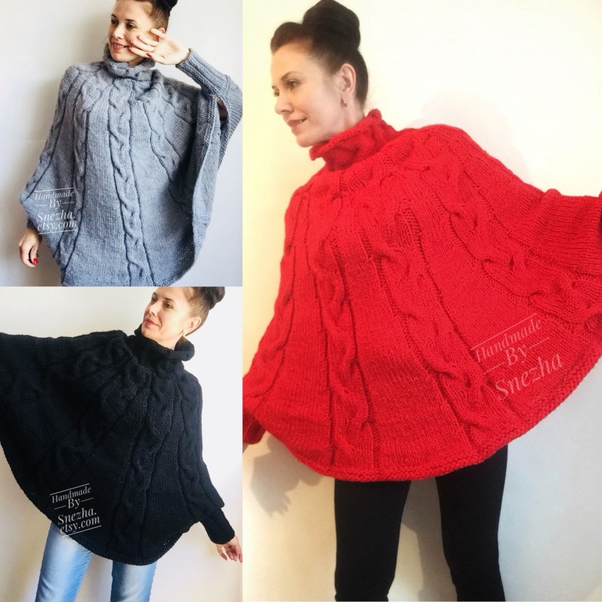 Knit Poncho Sweater Women Plus Size Chunky Wool Crochet Poncho Alpaca Loose Cable  Knit Sweater Oversized