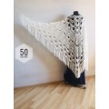 Ivory Crochet lace fringe triangle shawl White Prayer shawl Blue bridesmaid shawl, Red bridal vegan gift pin brooch, Hand knit granny square