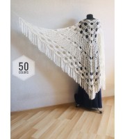 Ivory Crochet lace fringe triangle shawl White Prayer shawl Blue bridesmaid shawl, Red bridal vegan gift pin brooch, Hand knit granny square