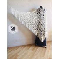 Ivory Crochet lace fringe triangle shawl White Prayer shawl Blue bridesmaid shawl, Red bridal vegan gift pin brooch, Hand knit granny square