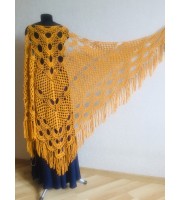 Mustard crochet shawl with fringe Big size cotton knitted