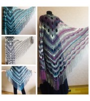 Crochet Poncho Women Fringe Mohair Big Size Maxi Triangle Shawl Gradient Blue Alpaca Long Hand knit Bohemian Festi Hand Knit Shawl