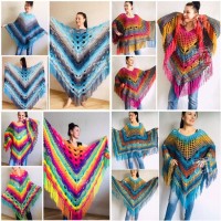 Crochet Shawl Poncho Women Plus Size Festival Pride Vegan Clothing Fringe, Rainbow Hippie Hand Knit Gypsy Shawl Multicolor Large3XL 2XL BLUE