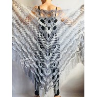 Gray Crochet Shawl Triangle Fringe Big Size Wrap gift brooch Alpaca Long Mohair Woman Bohemian Festi Hand Knit Shawl Black Granny