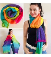 Rainbow Mohair scarf women, Knitted long striped winter scarf men, Lace Gradient shawl wraps mohair, Floral light oversized scarf