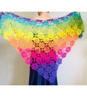 Crochet shawl wraps, Rainbow triangle granny shawl, Handknit multicolor festival pashmina, Lace wool evening shawl fringe mohair