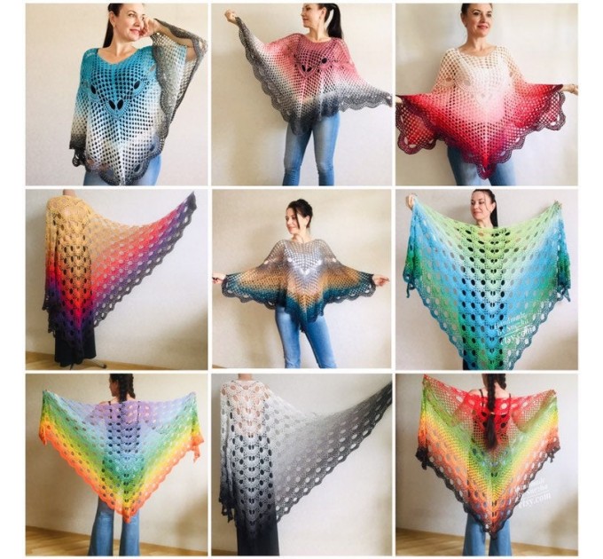 Poncho Women Crochet Shawl Big Size Boho Vintage Rainbow Cotton