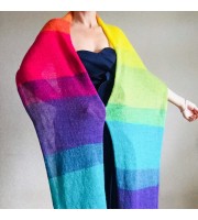 Rainbow Mohair scarf women, Knitted long striped winter scarf men, Lace Gradient shawl wraps mohair, Floral light oversized scarf