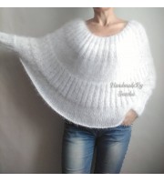 White MOHAIR SWEATER Poncho Woman Crochet Poncho Loose Fuzzy Hand Knit Sweater Fuzzy Pullover Oversize Cable Poncho Sweater White Red-Black