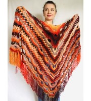 Outlander Crochet Shawl Wraps Fringe Burnt Orange Gift pin brooch Triangle Boho Rainbow Shawl Big Multicolor Lace Hand Knitted Evening Shawl