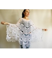 Poncho women, Prayer shawl men meditation Evening cover up Unisex Vegan festival clothing Plus size Crochet summer cape Fringe White Black