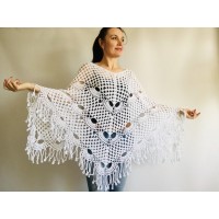 Poncho women, Prayer shawl men meditation Evening cover up Unisex Vegan festival clothing Plus size Crochet summer cape Fringe White Black