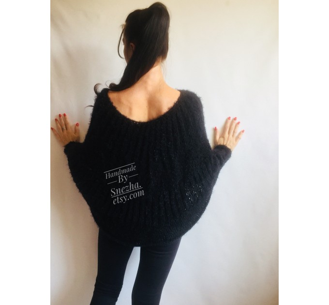 Black Mohair Sweater Women Poncho Plus Size pullover Oversized Fuzzy white poncho navy crochet wool