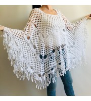 Prayer shawl Poncho women, men meditation Evening cover up Unisex Vegan festival clothing Plus size Crochet summer cape Fringe White Black