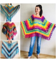 Rainbow Crochet Shawl Fringe, Poncho Women Men OOAK, Outlander Boho Lace Wraps Triangle Warm Scarf Multicolor Hand Knit vegan plus size coat