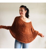 Burnt Orange Mohair Sweater, Loose Knit Sweater Poncho Woman, White Oversized Sexy Wool Sweater Off Shoulder Faux Fur, Crochet Poncho