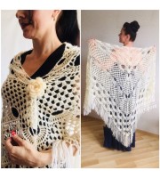 Ivory Wedding shawl, Bridesmaid shawl, Bridal Shawl Wedding Cape Crochet Lace Shawl Wrap Triangle fringe Hand Knit Wool Mother of groom gift