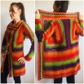 Burnt Orange Granny Square Knit Cardigan Women Wool Jacket Coat Green Violet Cardigan Rainbow Clothing Boho Open Front Long Cardigan