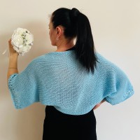 Blue Open Knit Boho Style Cotton Shrug, Handmade Bolero, Elbow Length Sleeve, Loose Knitted Shrug