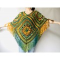 Green poncho women, Brown Plus size crochet cape wraps, Yellow Boho fringe vest Granny square, Vegan loose hand knit poncho