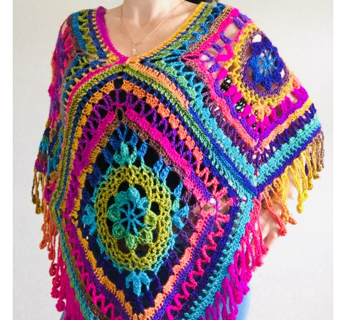 Rainbow poncho Granny square poncho festival clothes hippie poncho knit ...