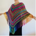 Rainbow Poncho Fringe, Plus size Poncho, hippie poncho festival clothes knit poncho mexico poncho crochet poncho women poncho color block winter cape