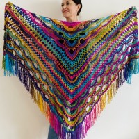 Rainbow Crochet Shawl Fringe Poncho Women Plus Size Hand Knitted Vegan Triangular Multicolor outlander Shawl Wraps Lace Warm Boho Evening