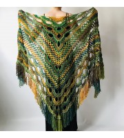 Green Crochet Shawl Wrap Boho Colorful Shawl Rainbow Shawl With Fringe Bohemian Multicolor Shawl Big Crochet Lace Triangle Knitted Shawl