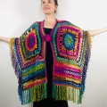 Crochet Shawl Poncho Fringe, Rainbow Oversized Festival Hippi Plus Size Clothing ,Women Hand Knitted Triangular Multicolor Wraps Boho Wool