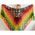 Rainbow women plus size shawl alpaca, red yellow green triangle shawl fringe, multicolor acrylic shawl, festival shoulder wrap