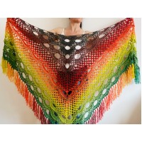 Rainbow women plus size shawl alpaca, red yellow green triangle shawl fringe, multicolor acrylic shawl, festival shoulder wrap