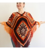 Burnt orange plus size poncho women fringe, Festival oversized Loose knit outlander wool wraps, Crochet lace hippie cape Evening shawl 