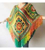 Orange Green Crochet Knit Triangle Poncho, Granny Square Boho Wool Poncho with Fringes - Women's Designer Ponchos Capes, & Wraps - Ombre Multicolor Poncho