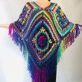 Blue poncho women fringe, Plus size hippie wrap halloween shawl, Crochet oversized wool cape, Unisex Burnt Orange Brown Green